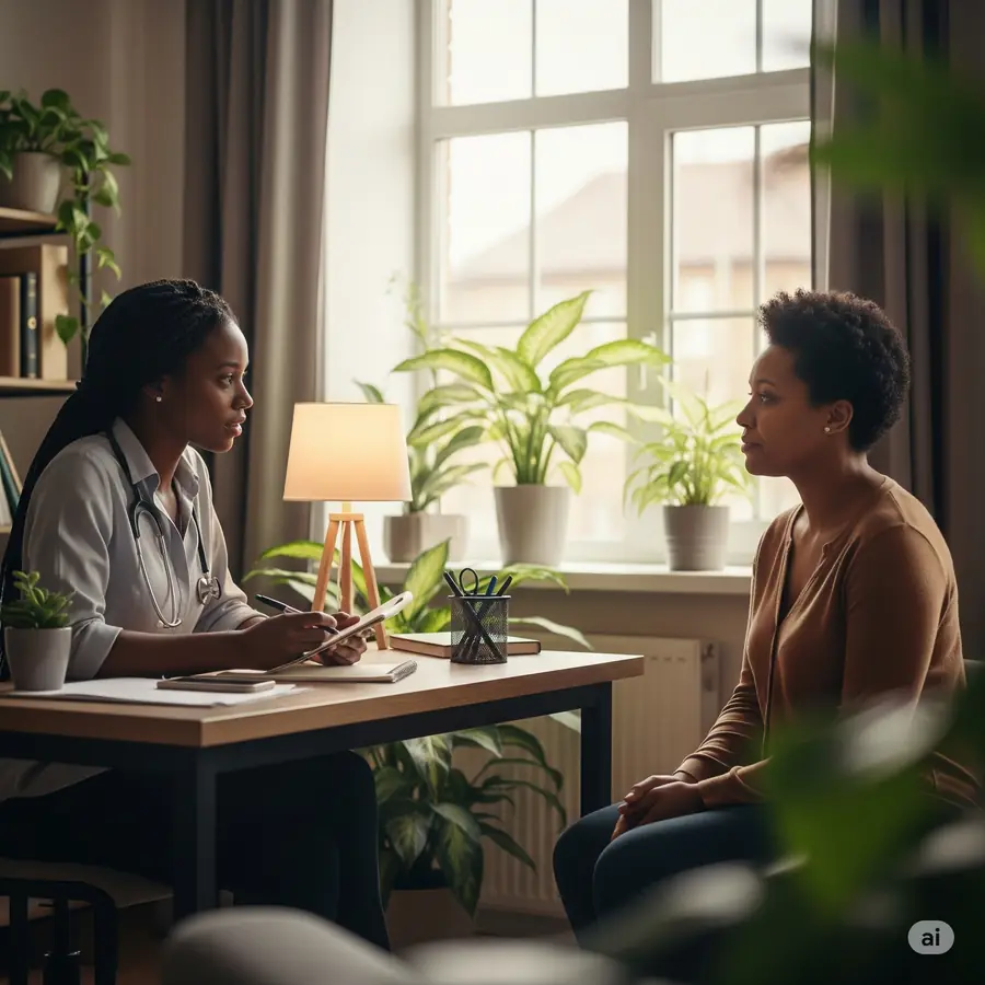 A Black woman in conversation with her therapist in a bright, plant-filled room